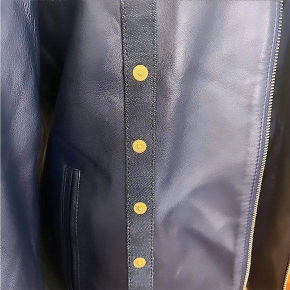 ST JOHN SPORT Navy Blue Lambs Leather & Denim Trim Zip Up Leather Jacket Size L - Picture 10 of 14